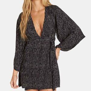 Billabong Relax On High Printed Wrap-front Mini Dress Striped Black White L Boho